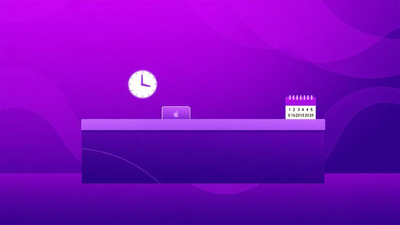 Abstract illustration of a reception desk with a clock and calendar on a purple background