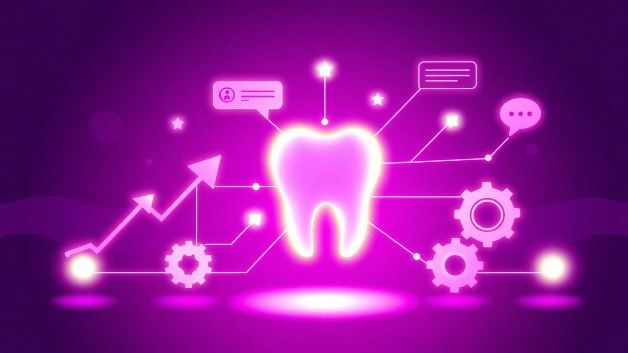 Abstract illustration of a glowing tooth connected to growth arrows, gears, and message bubbles on a deep purple background