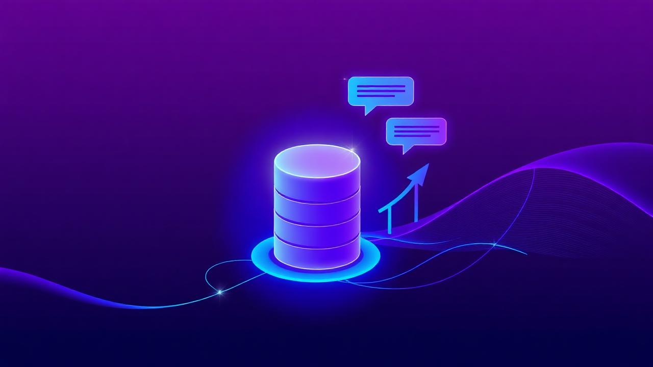 Abstract illustration of a glowing database connected to growth arrows and message bubbles